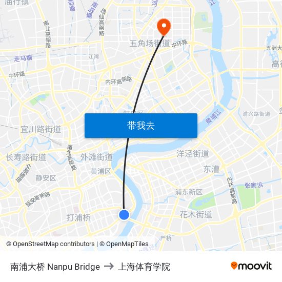 南浦大桥 Nanpu Bridge to 上海体育学院 map