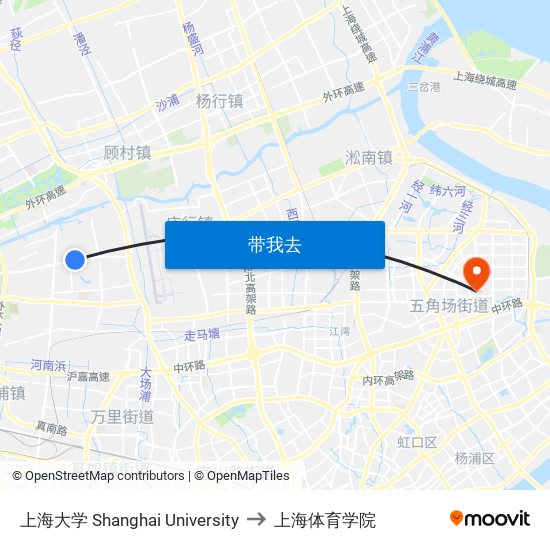 上海大学 Shanghai University to 上海体育学院 map