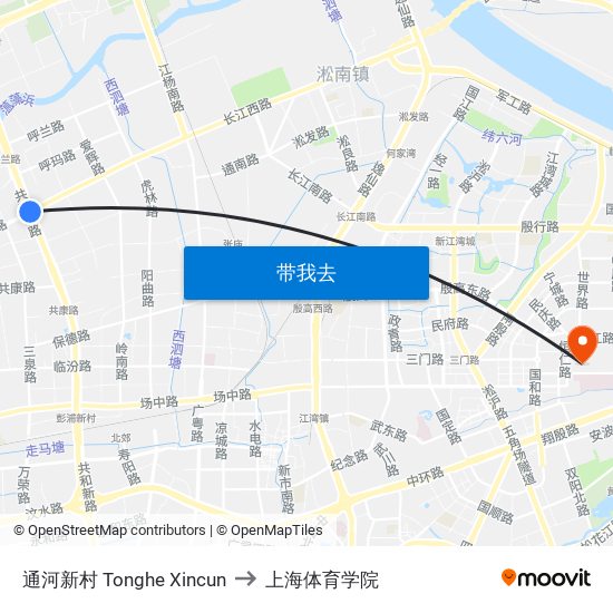通河新村 Tonghe Xincun to 上海体育学院 map