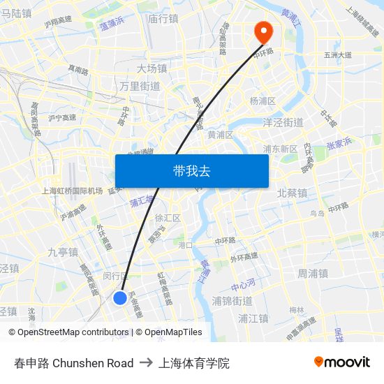 春申路 Chunshen Road to 上海体育学院 map