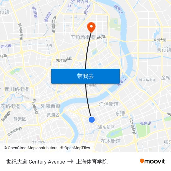 世纪大道 Century Avenue to 上海体育学院 map