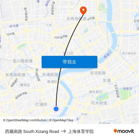西藏南路 South Xizang Road to 上海体育学院 map