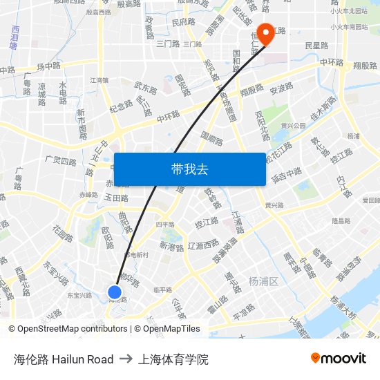 海伦路 Hailun Road to 上海体育学院 map