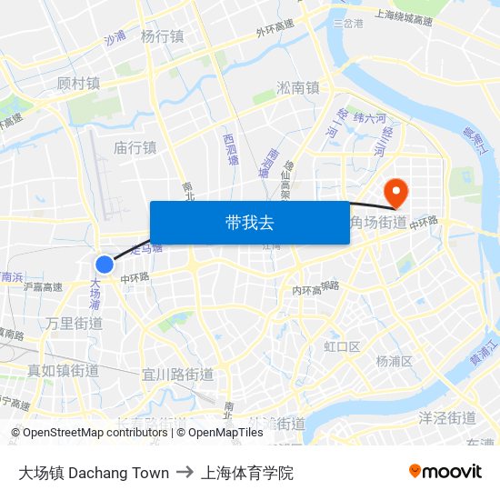 大场镇 Dachang Town to 上海体育学院 map