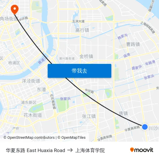 华夏东路 East Huaxia Road to 上海体育学院 map