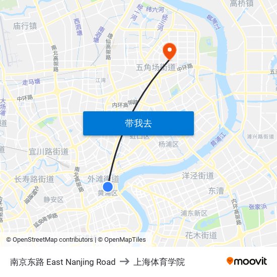 南京东路 East Nanjing Road to 上海体育学院 map