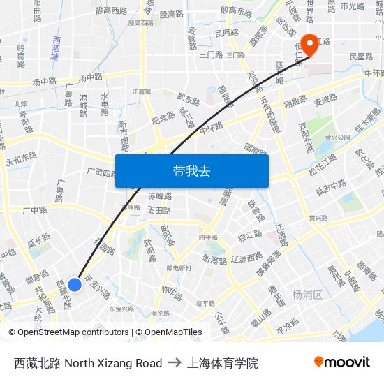 西藏北路 North Xizang Road to 上海体育学院 map