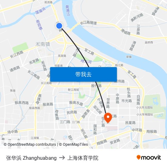 张华浜 Zhanghuabang to 上海体育学院 map