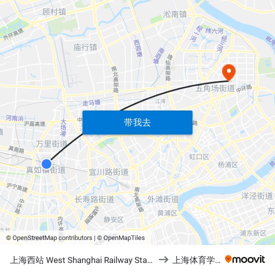 上海西站 West Shanghai Railway Station to 上海体育学院 map