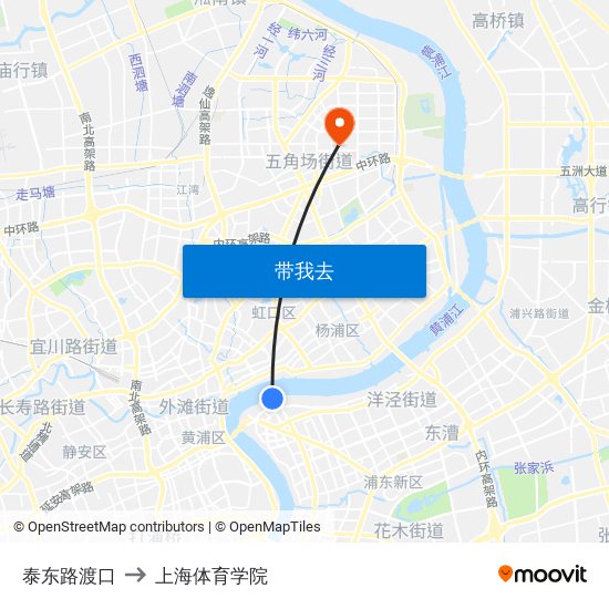 泰东路渡口 to 上海体育学院 map