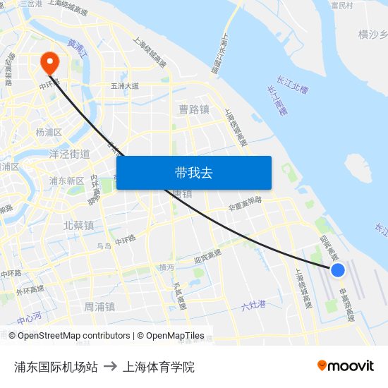浦东国际机场站 to 上海体育学院 map