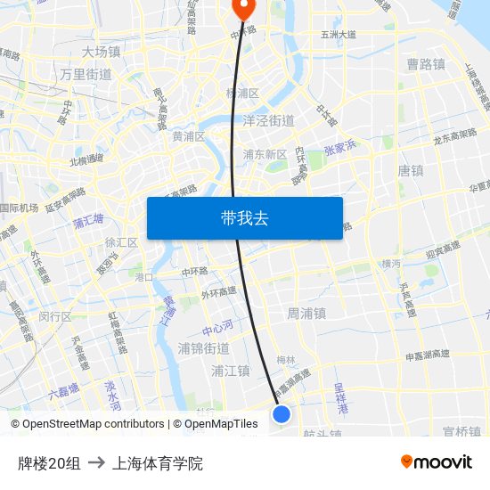 牌楼20组 to 上海体育学院 map