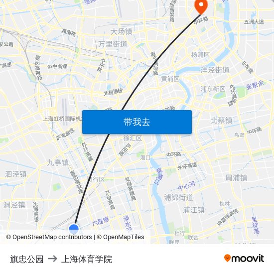 旗忠公园 to 上海体育学院 map