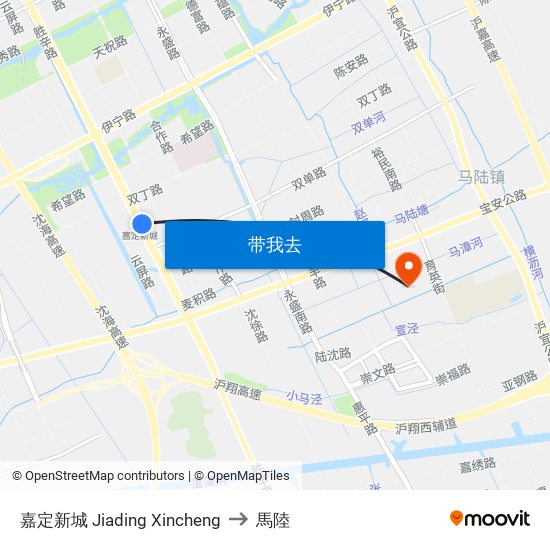 嘉定新城 Jiading Xincheng to 馬陸 map
