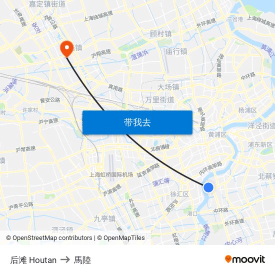 后滩 Houtan to 馬陸 map
