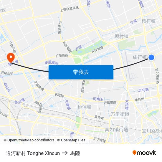 通河新村 Tonghe Xincun to 馬陸 map