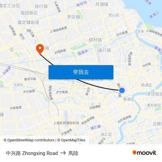 中兴路 Zhongxing Road to 馬陸 map