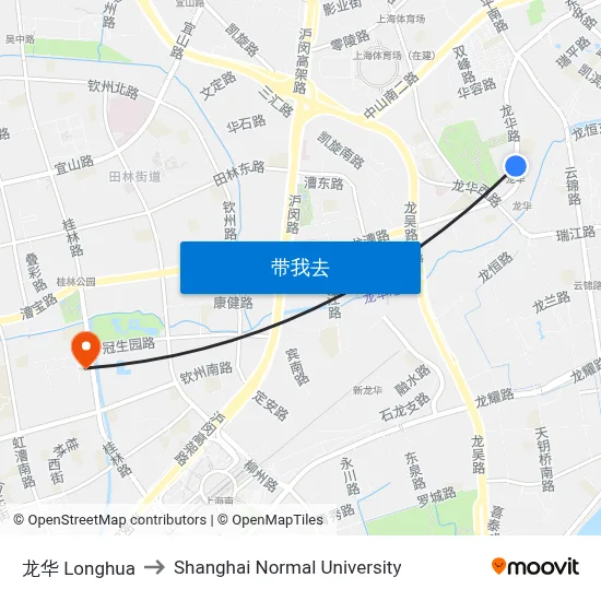 龙华 Longhua to Shanghai Normal University map