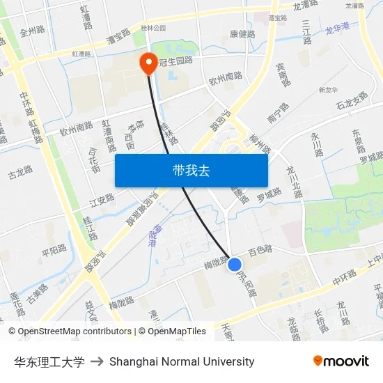 华东理工大学 to Shanghai Normal University map