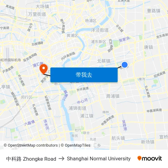 中科路 Zhongke Road to Shanghai Normal University map