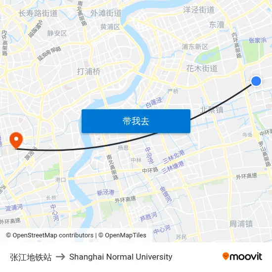 张江地铁站 to Shanghai Normal University map