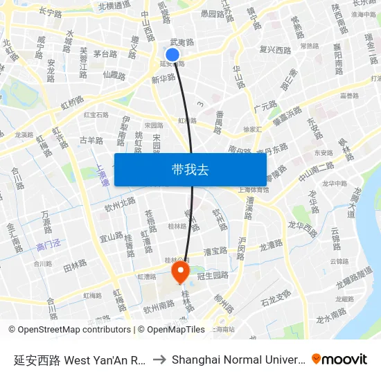 延安西路 West Yan'An Road to Shanghai Normal University map