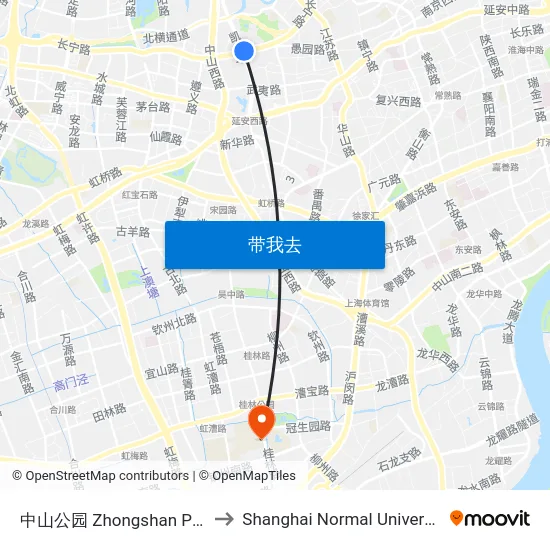 中山公园 Zhongshan Park to Shanghai Normal University map