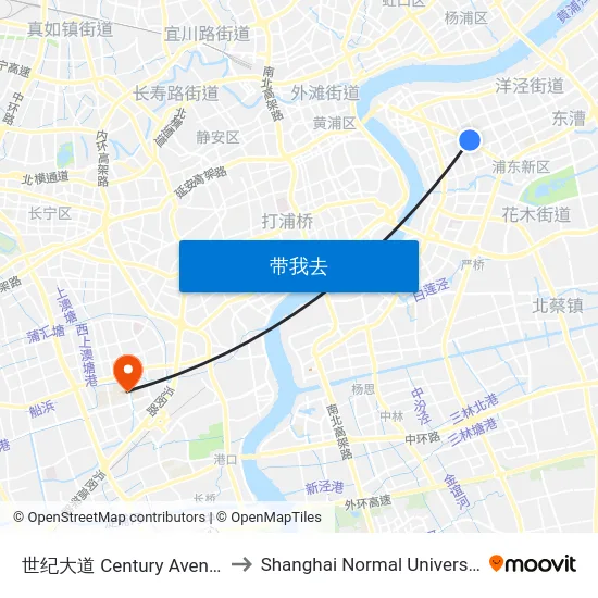世纪大道 Century Avenue to Shanghai Normal University map