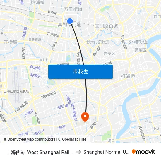 上海西站 West Shanghai Railway Station to Shanghai Normal University map