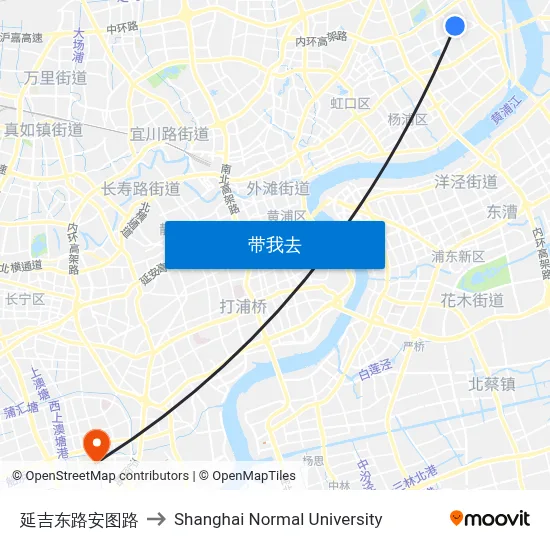 延吉东路安图路 to Shanghai Normal University map