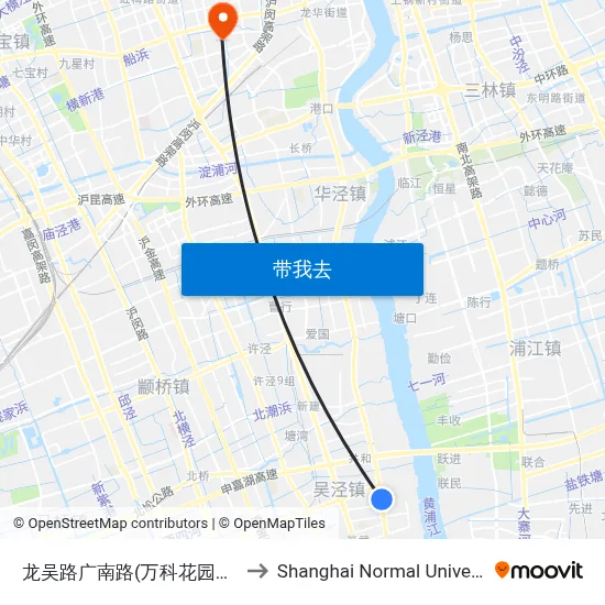 龙吴路广南路(万科花园小城) to Shanghai Normal University map