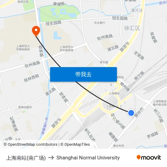 上海南站(南广场) to Shanghai Normal University map