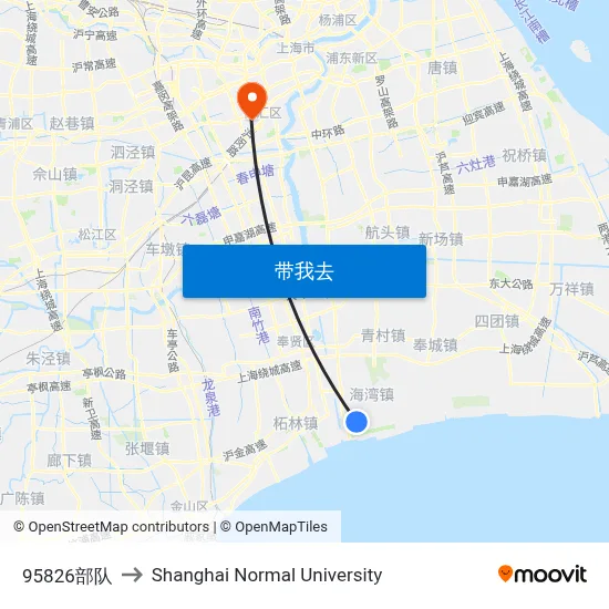 95826部队 to Shanghai Normal University map