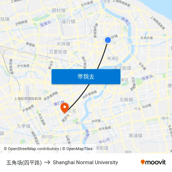 五角场(四平路) to Shanghai Normal University map