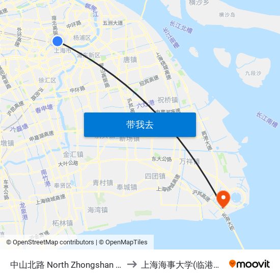 中山北路 North Zhongshan Road to 上海海事大学(临港校区) map