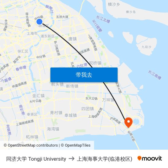 同济大学 Tongji University to 上海海事大学(临港校区) map