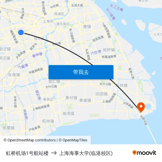 虹桥机场1号航站楼 to 上海海事大学(临港校区) map