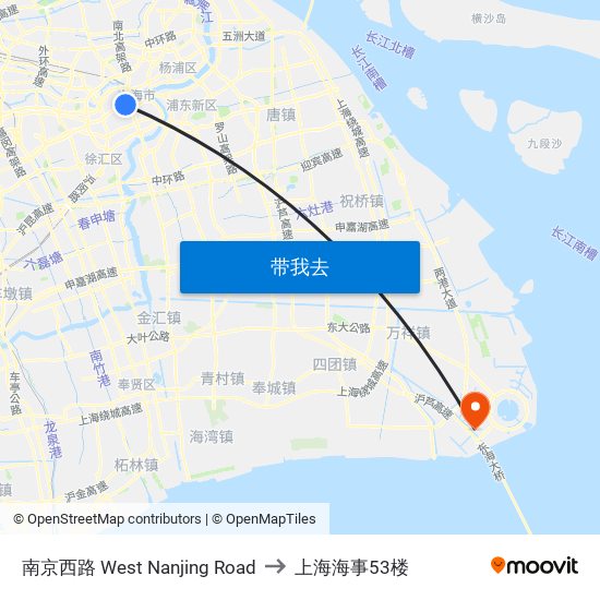 南京西路  West Nanjing Road to 上海海事53楼 map