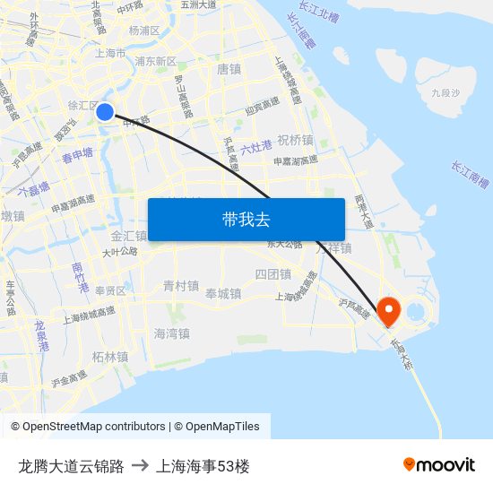 龙腾大道云锦路 to 上海海事53楼 map