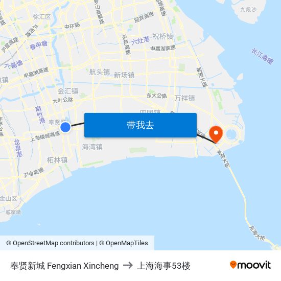 奉贤新城 Fengxian Xincheng to 上海海事53楼 map