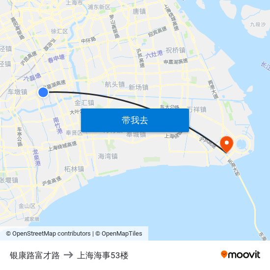 银康路富才路 to 上海海事53楼 map