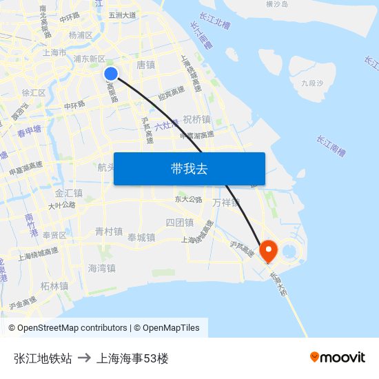 张江地铁站 to 上海海事53楼 map
