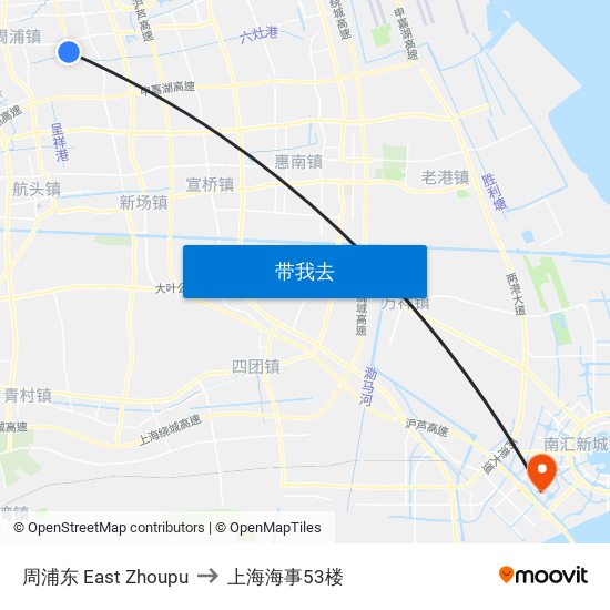周浦东 East Zhoupu to 上海海事53楼 map