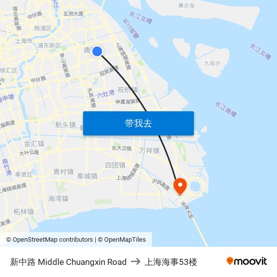 新中路 Middle Chuangxin Road to 上海海事53楼 map