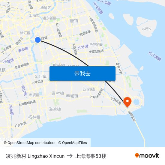 凌兆新村 Lingzhao Xincun to 上海海事53楼 map