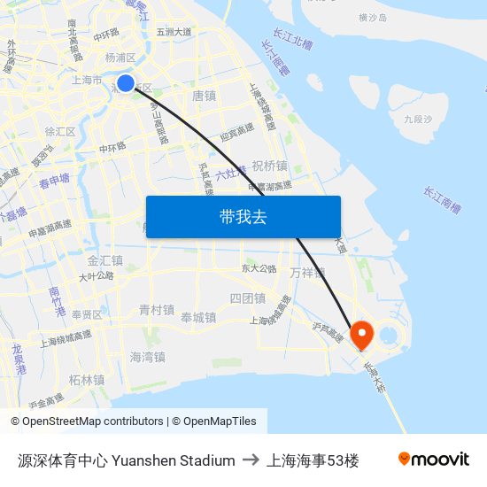 源深体育中心 Yuanshen Stadium to 上海海事53楼 map