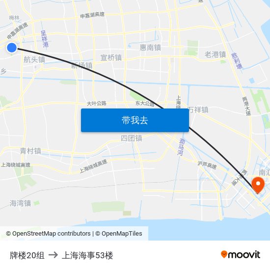 牌楼20组 to 上海海事53楼 map