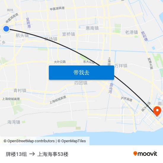 牌楼13组 to 上海海事53楼 map
