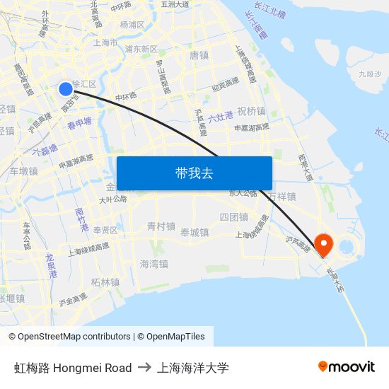 虹梅路 Hongmei Road to 上海海洋大学 map