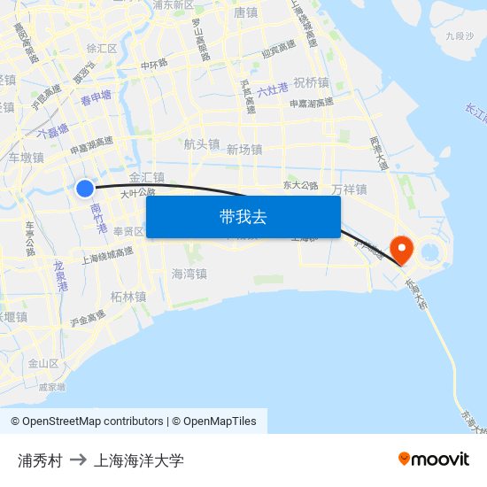 浦秀村 to 上海海洋大学 map